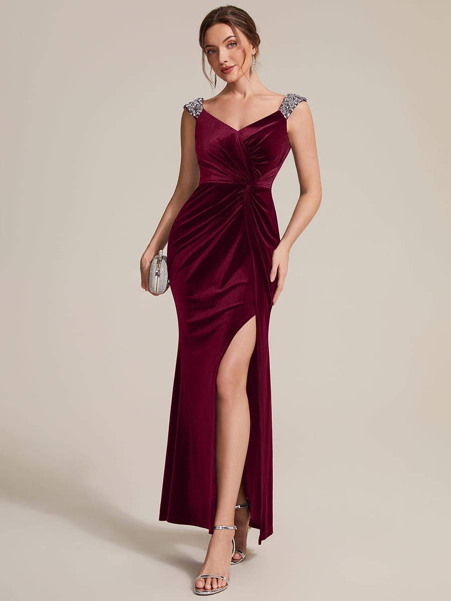 Knotted Velvet Sleeveless Dress #color_Burgundy