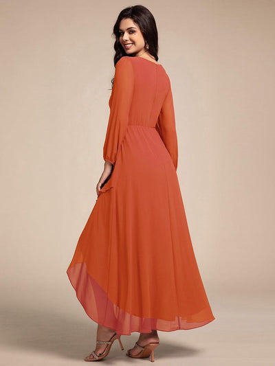 Chiffon Long Sleeve High-Low Evening Dress with Waist Applique #color_Burnt Orange