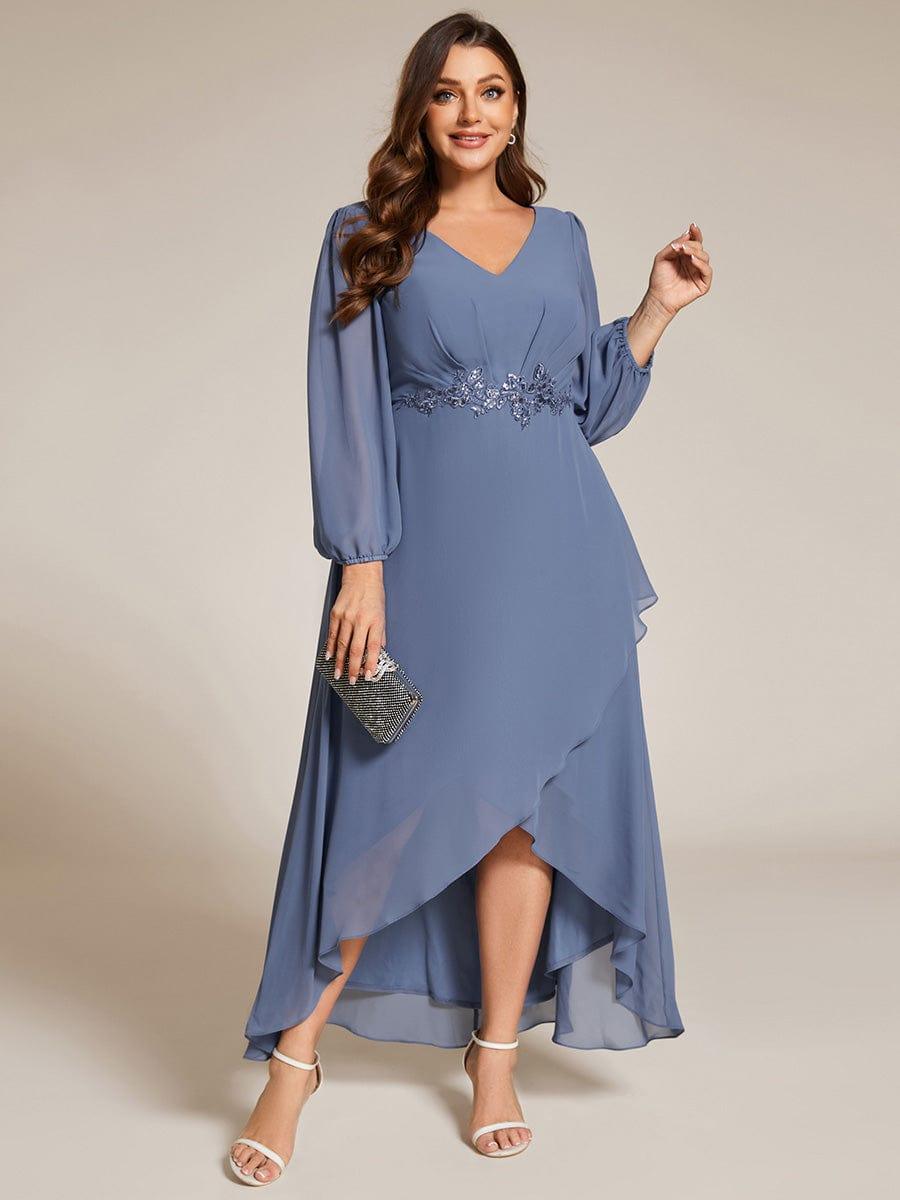 Chiffon Long Sleeve High-Low Evening Dress with Waist Applique #color_Dusty Blue