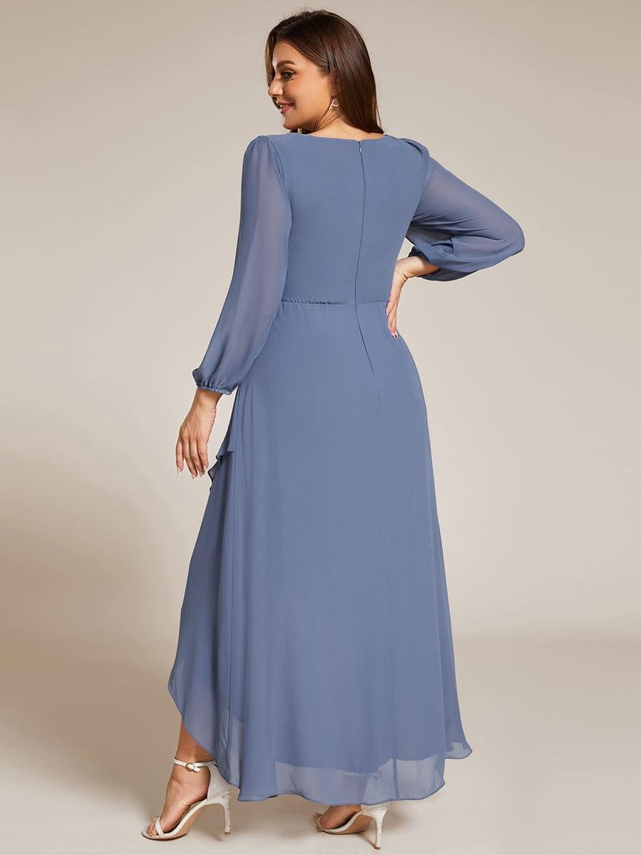 Chiffon Long Sleeve High-Low Evening Dress with Waist Applique #color_Dusty Blue