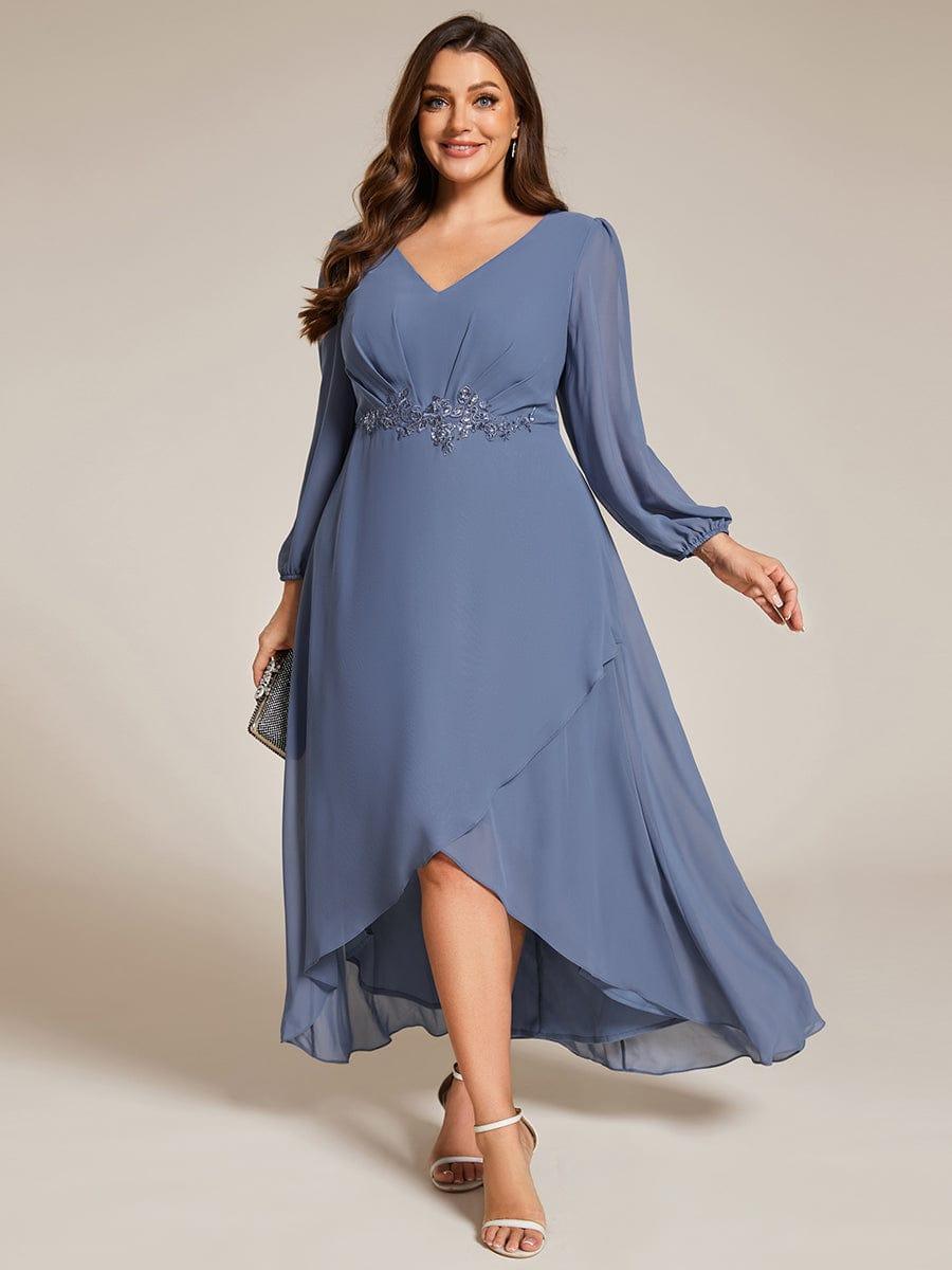 Chiffon Long Sleeve High-Low Evening Dress with Waist Applique #color_Dusty Blue