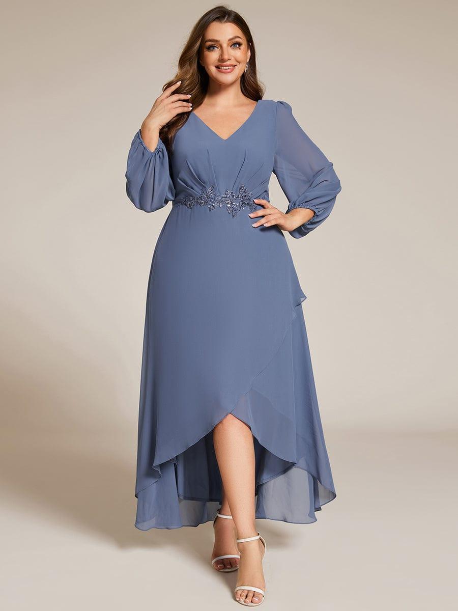 Chiffon Long Sleeve High-Low Evening Dress with Waist Applique #color_Dusty Blue