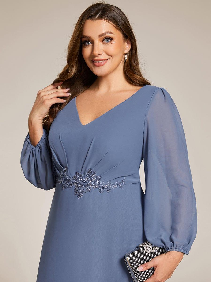 Chiffon Long Sleeve High-Low Evening Dress with Waist Applique #color_Dusty Blue