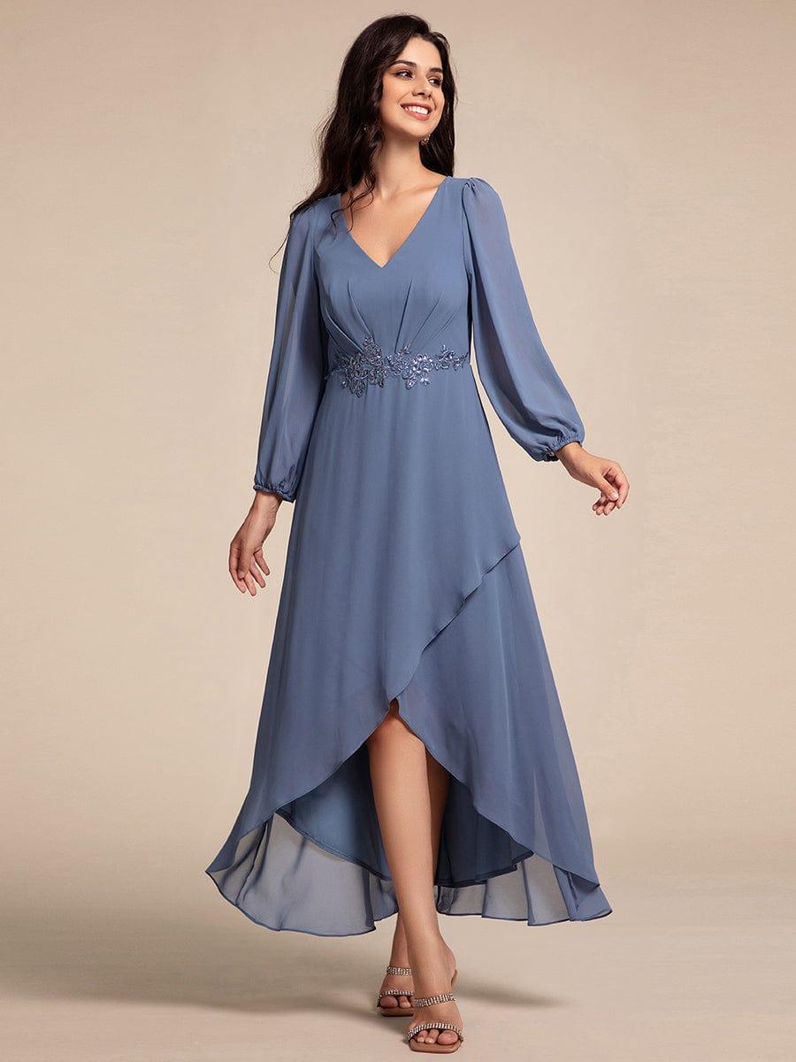 Chiffon Long Sleeve High-Low Evening Dress with Waist Applique #color_Dusty Blue
