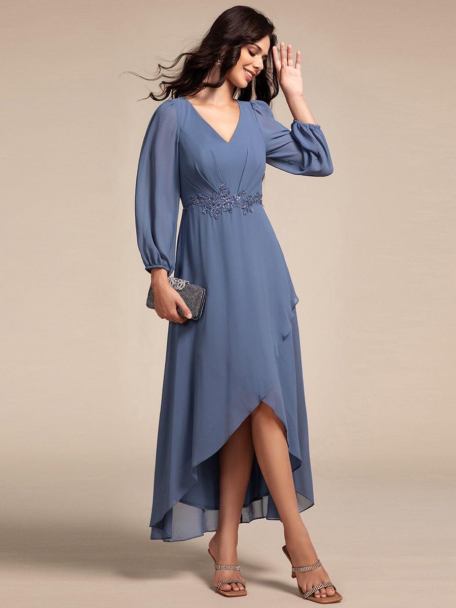 Chiffon Long Sleeve High-Low Evening Dress with Waist Applique #color_Dusty Blue