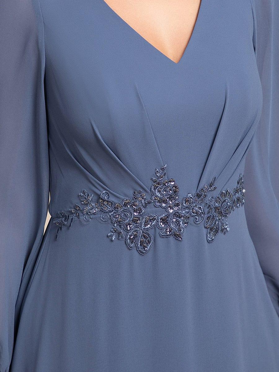 Chiffon Long Sleeve High-Low Evening Dress with Waist Applique #color_Dusty Blue