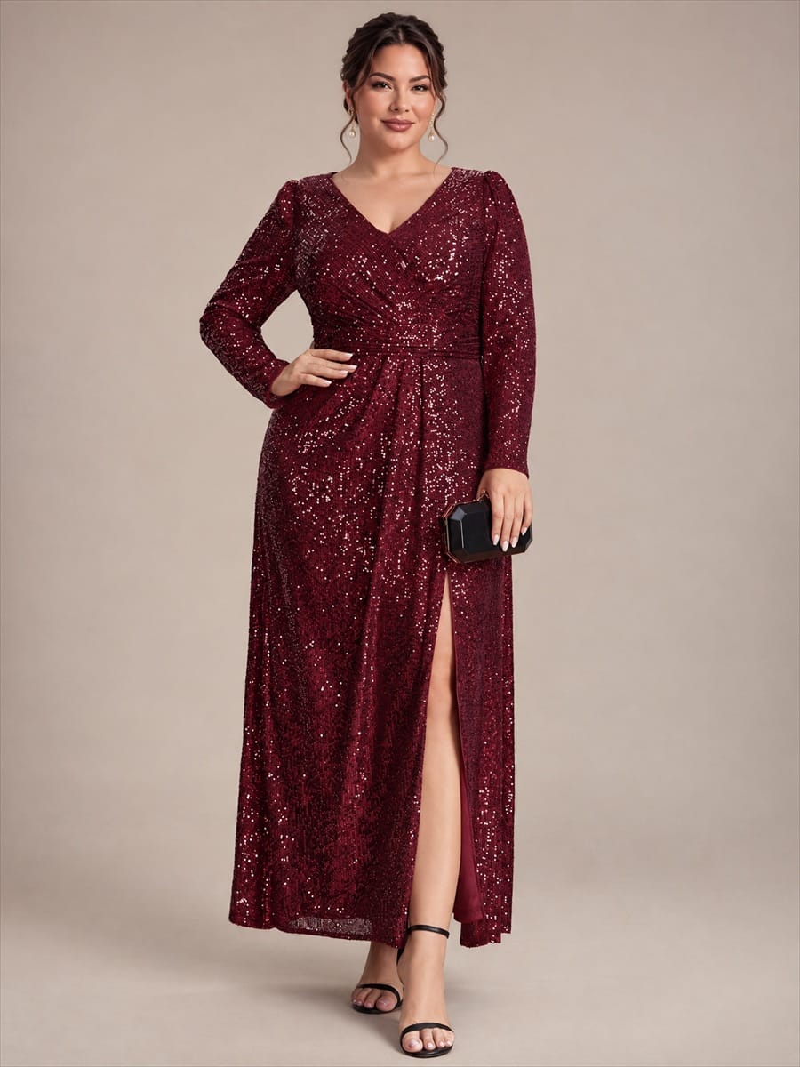 Sequins Maxi Length V-neckline Sheath Fitted Sleeve Back zipper It is not padded, with lining. Dress #color_Burgundy