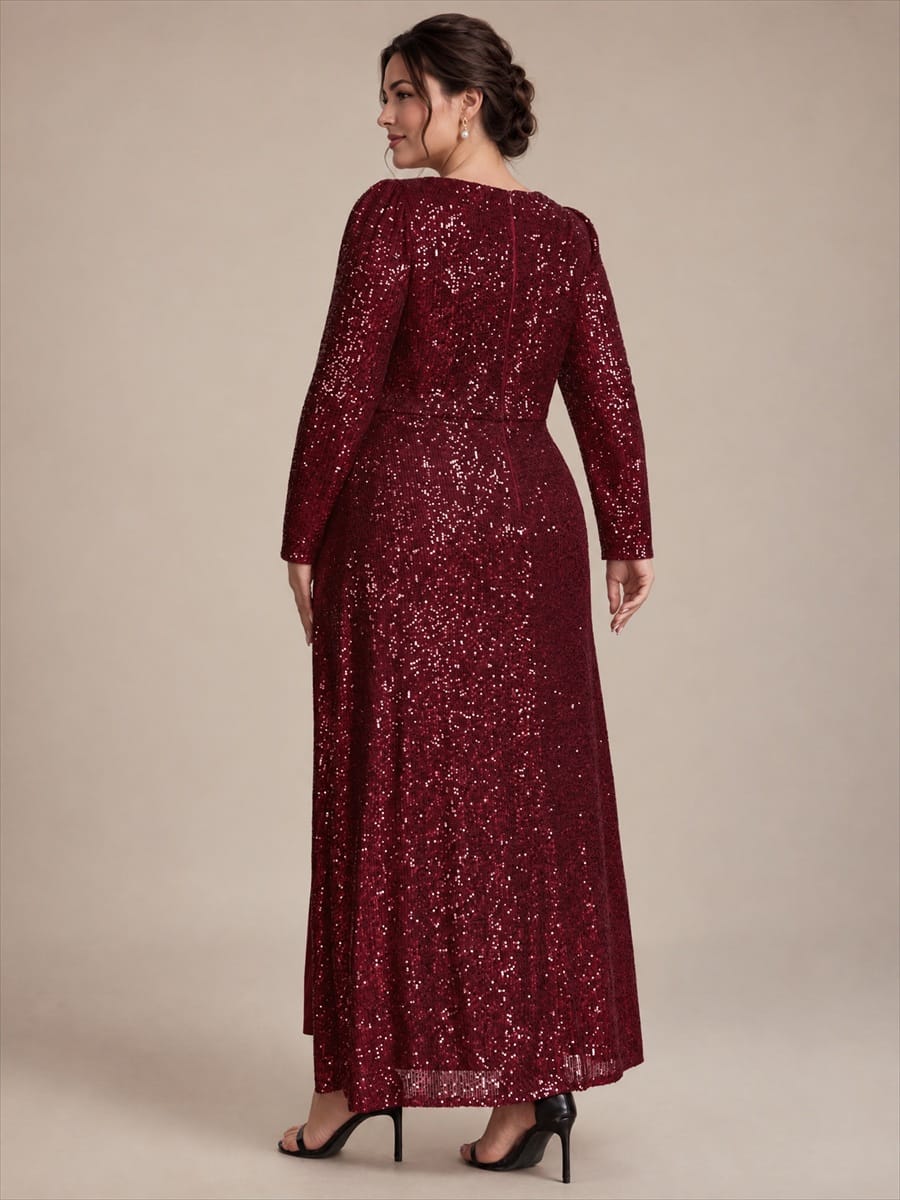 Sequins Maxi Length V-neckline Sheath Fitted Sleeve Back zipper It is not padded, with lining. Dress #color_Burgundy