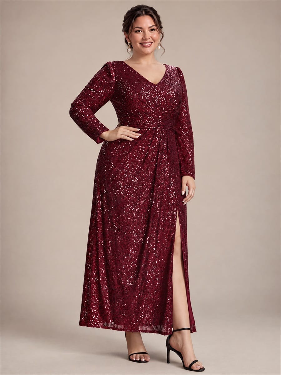 Sequins Maxi Length V-neckline Sheath Fitted Sleeve Back zipper It is not padded, with lining. Dress #color_Burgundy