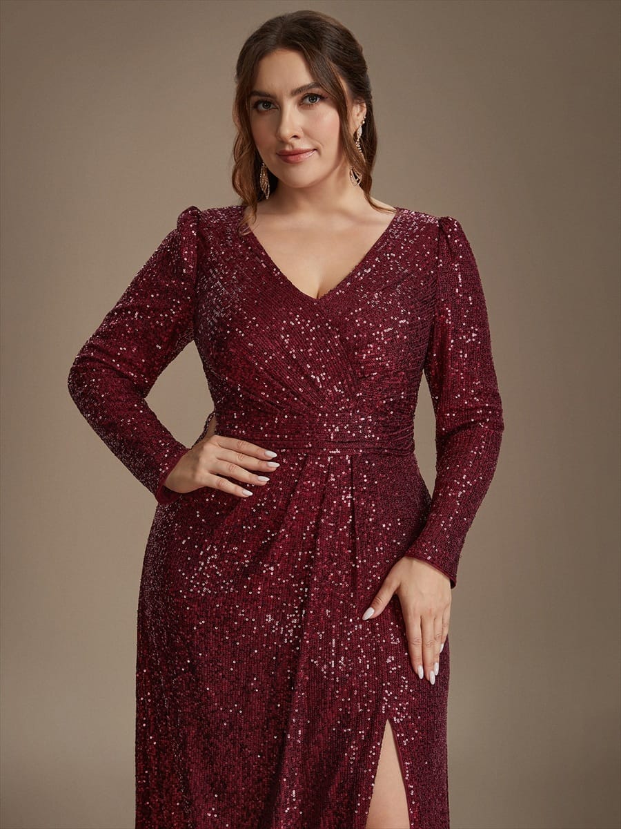 Sequins Maxi Length V-neckline Sheath Fitted Sleeve Back zipper It is not padded, with lining. Dress #color_Burgundy
