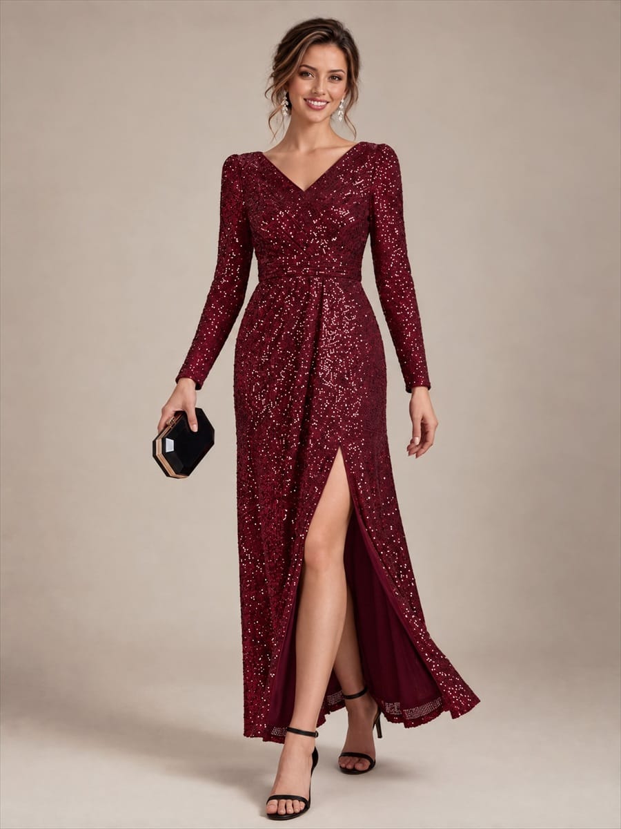 Sequins Maxi Length V-neckline Sheath Fitted Sleeve Back zipper It is not padded, with lining. Dress #color_Burgundy