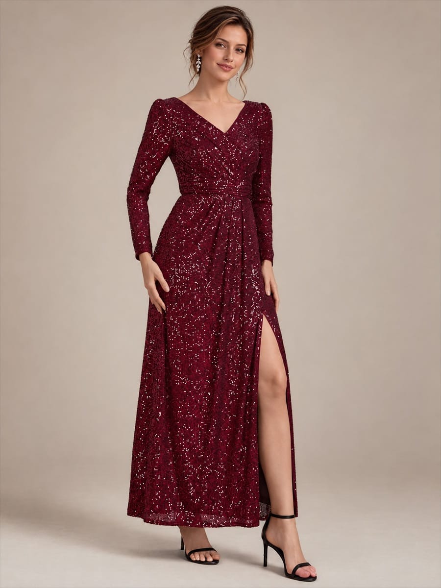 Sequins Maxi Length V-neckline Sheath Fitted Sleeve Back zipper It is not padded, with lining. Dress #color_Burgundy