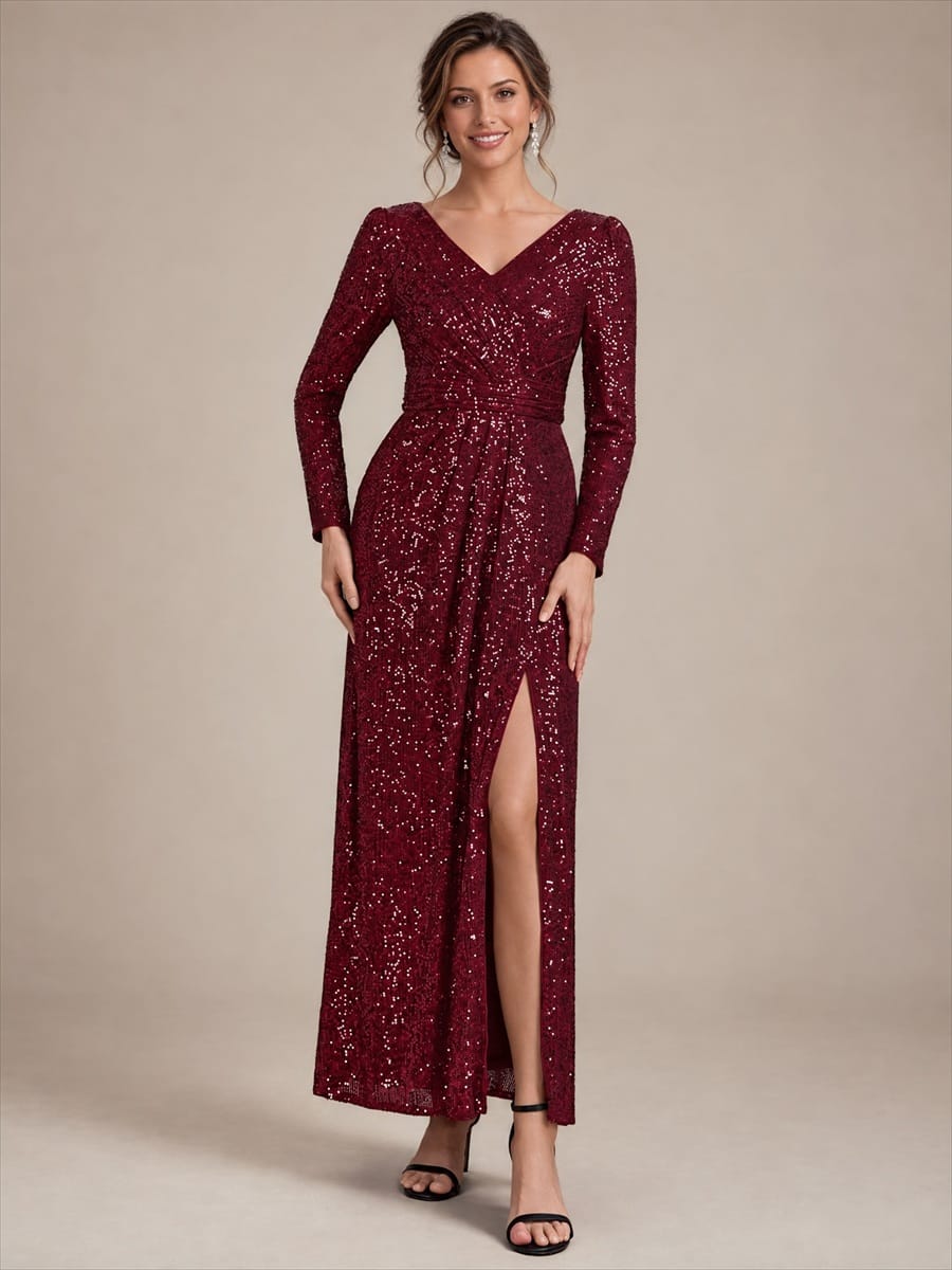 Sequins Maxi Length V-neckline Sheath Fitted Sleeve Back zipper It is not padded, with lining. Dress #color_Burgundy