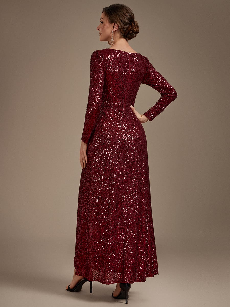 Sequins Maxi Length V-neckline Sheath Fitted Sleeve Back zipper It is not padded, with lining. Dress #color_Burgundy