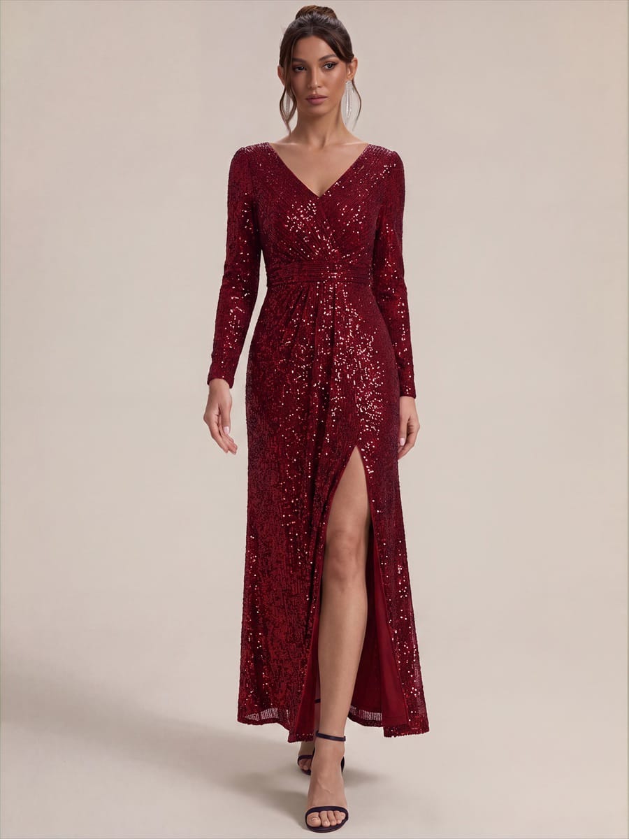 Sequins Maxi Length V-neckline Sheath Fitted Sleeve Back zipper It is not padded, with lining. Dress #color_Burgundy