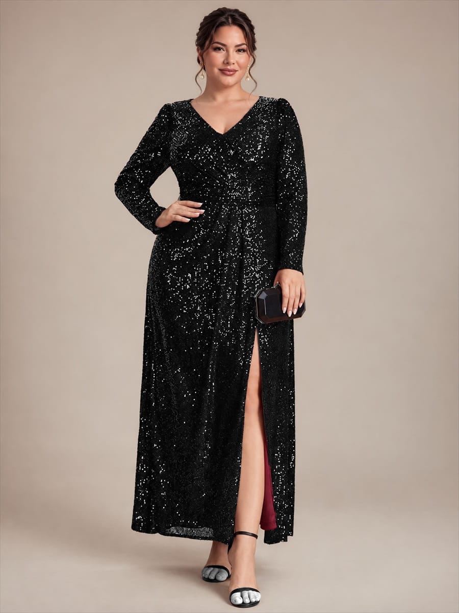 Sequins Maxi Length V-neckline Sheath Fitted Sleeve Back zipper It is not padded, with lining. Dress #color_Black