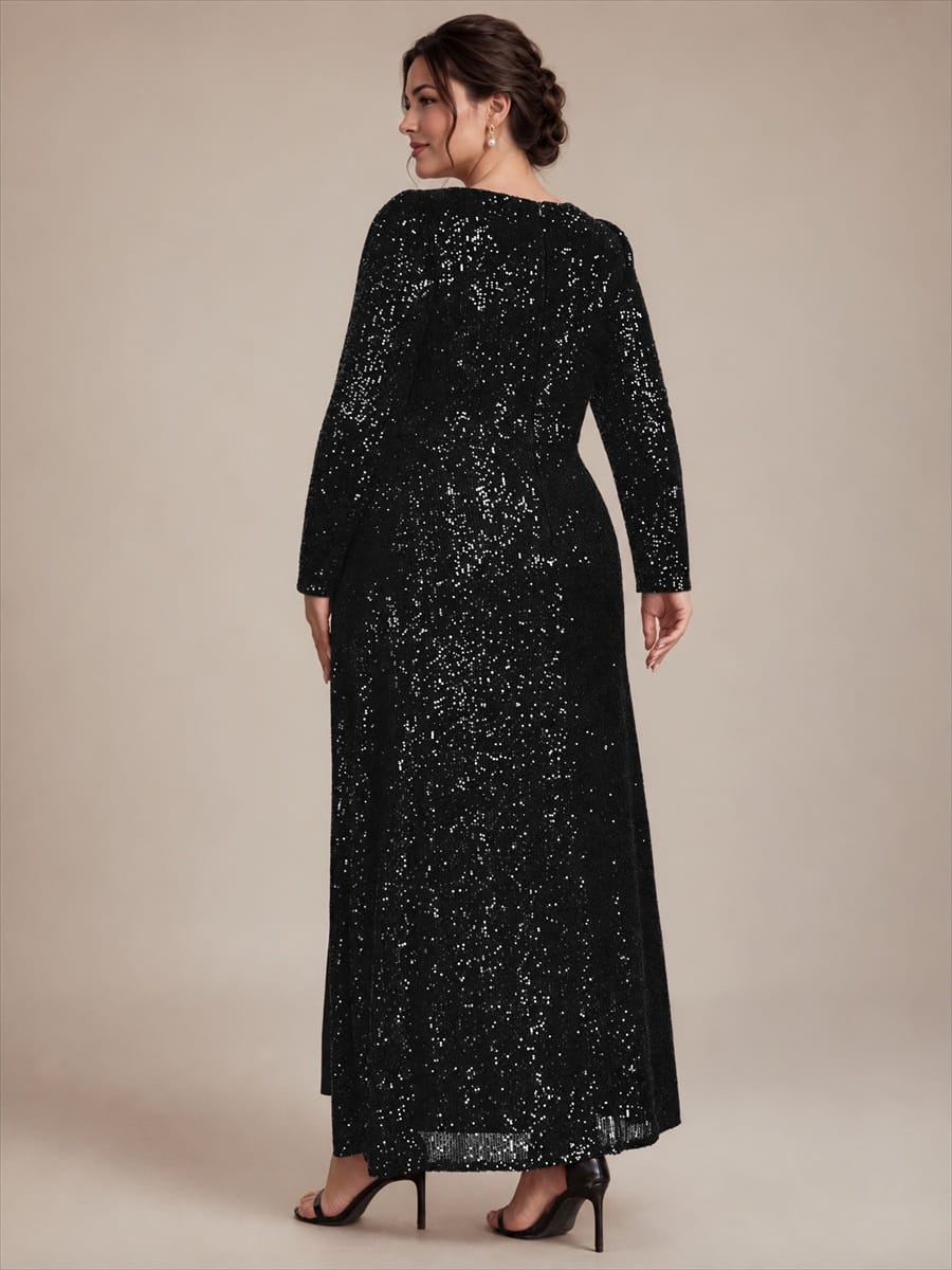 Sequins Maxi Length V-neckline Sheath Fitted Sleeve Back zipper It is not padded, with lining. Dress #color_Black