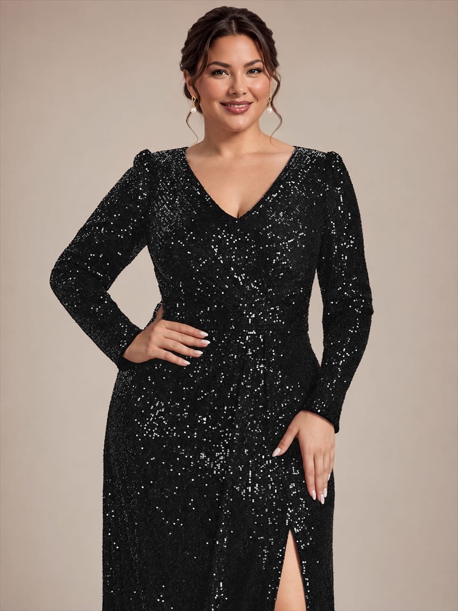 Sequins Maxi Length V-neckline Sheath Fitted Sleeve Back zipper It is not padded, with lining. Dress #color_Black
