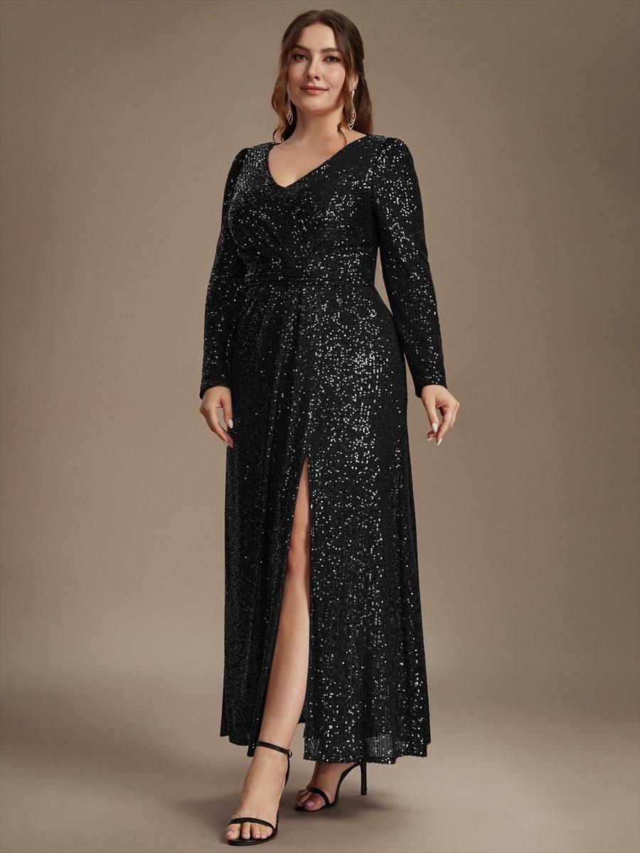Sequins Maxi Length V-neckline Sheath Fitted Sleeve Back zipper It is not padded, with lining. Dress #color_Black