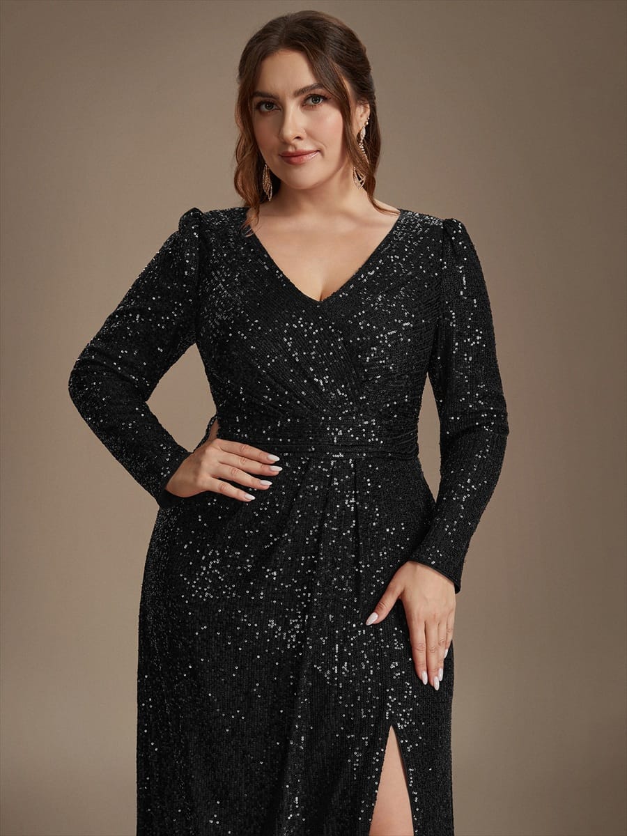 Sequins Maxi Length V-neckline Sheath Fitted Sleeve Back zipper It is not padded, with lining. Dress #color_Black