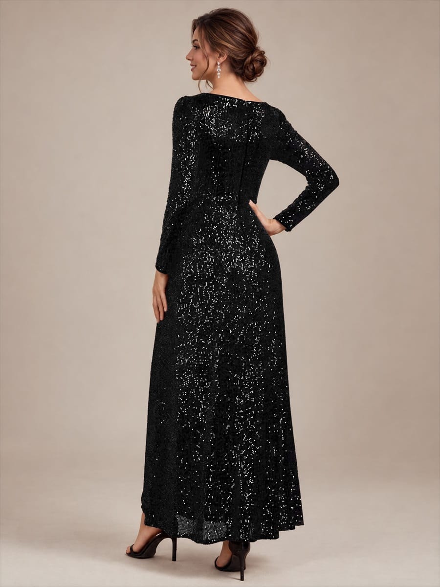 Sequins Maxi Length V-neckline Sheath Fitted Sleeve Back zipper It is not padded, with lining. Dress #color_Black