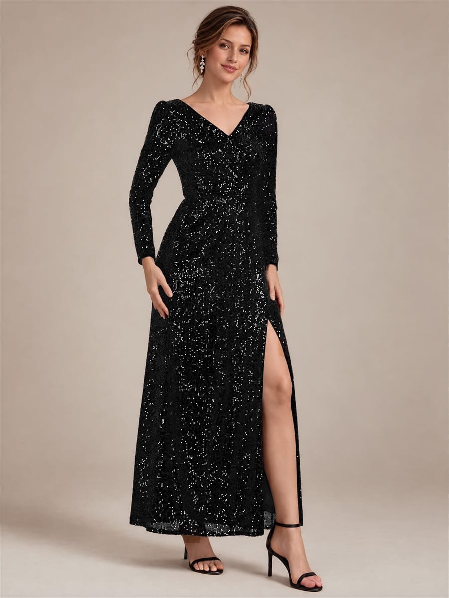 Sequins Maxi Length V-neckline Sheath Fitted Sleeve Back zipper It is not padded, with lining. Dress #color_Black