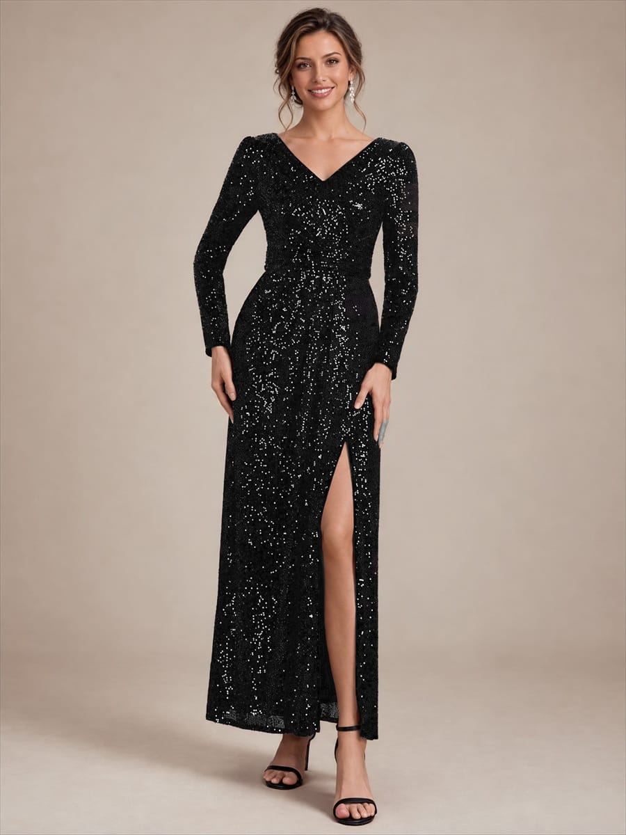 Sequins Maxi Length V-neckline Sheath Fitted Sleeve Back zipper It is not padded, with lining. Dress #color_Black