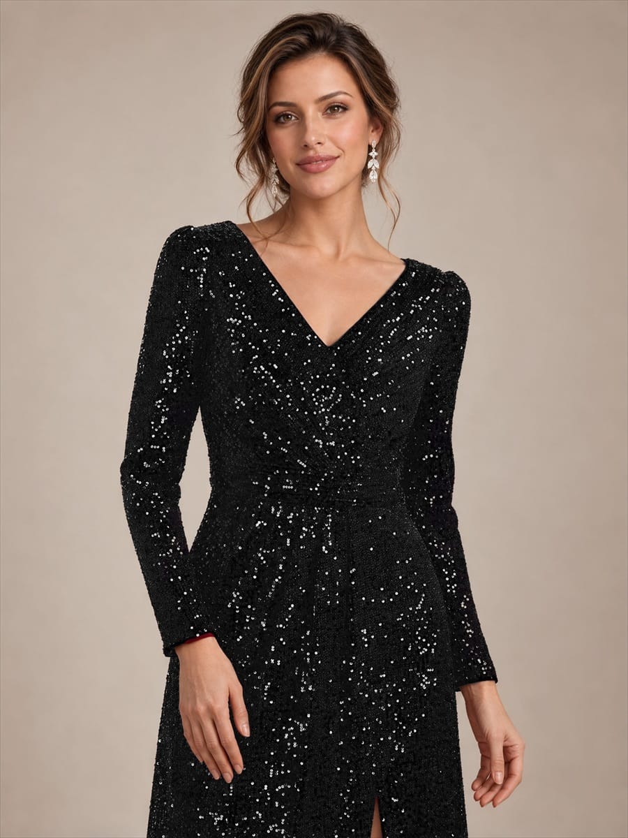 Sequins Maxi Length V-neckline Sheath Fitted Sleeve Back zipper It is not padded, with lining. Dress #color_Black