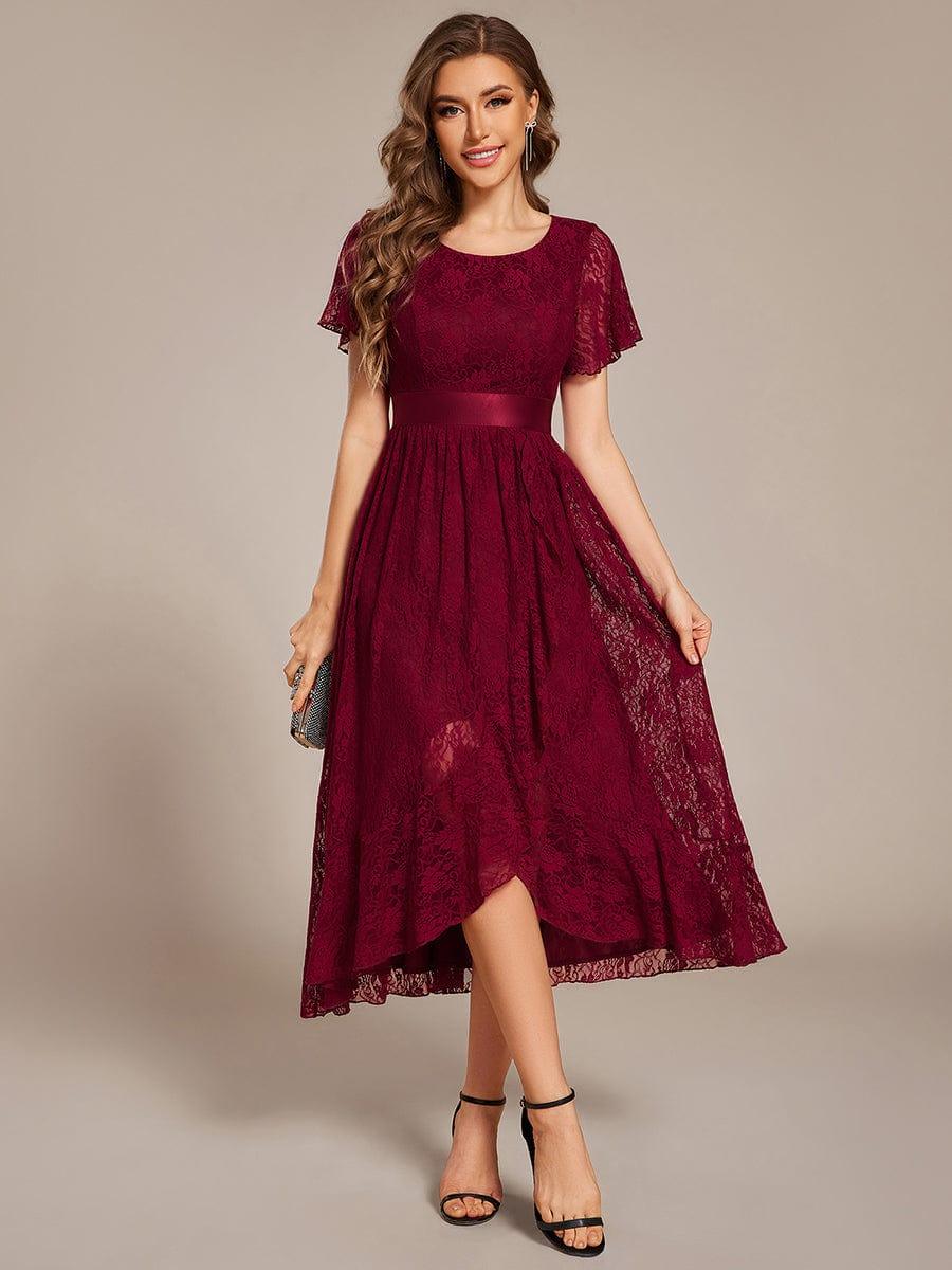 Short Sleeve Ruffled Lace Midi Weeding Guest Dress #color_Burgundy