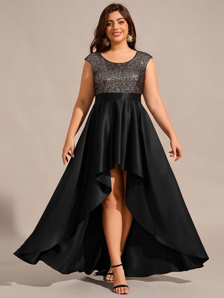 Round Neck Sequin Bodice High-Low Evening Dress With Satin Skirt #color_Black
