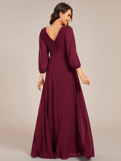 Chiffon Long Sleeve Empire Waist Maxi Bridesmaid Dress with Pleated Detailing #color_Burgundy