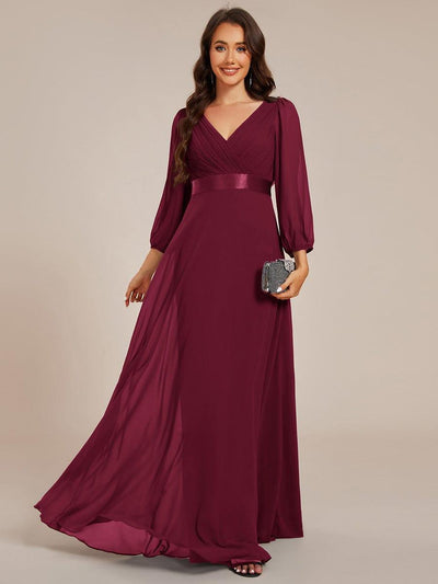 Chiffon Long Sleeve Empire Waist Maxi Bridesmaid Dress with Pleated Detailing #color_Burgundy
