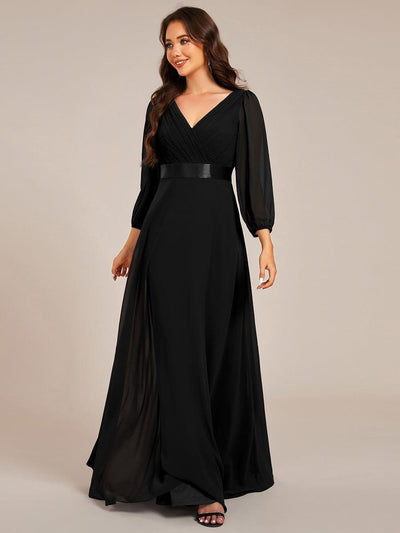 Chiffon Long Sleeve Empire Waist Maxi Bridesmaid Dress with Pleated Detailing #color_Black
