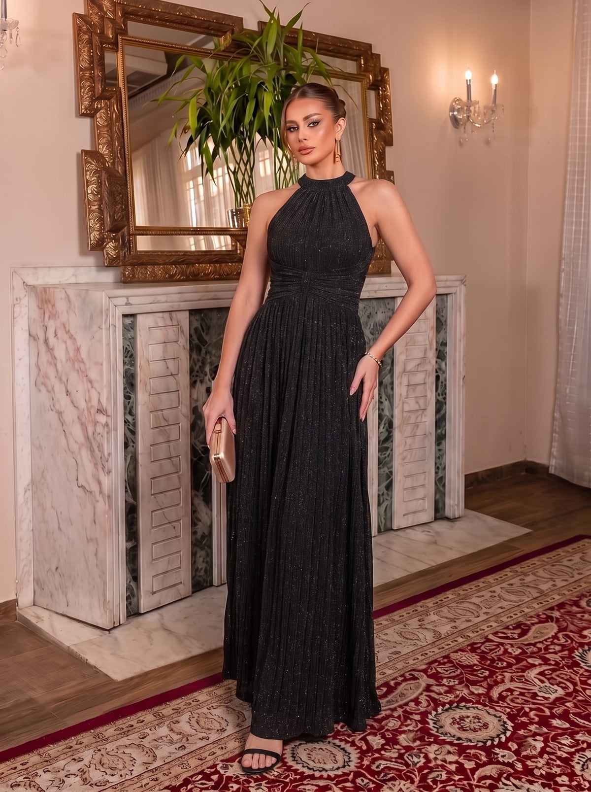 Sparkle Halter Neck Formal Evening Dress with A-line Silhouette #color_Black