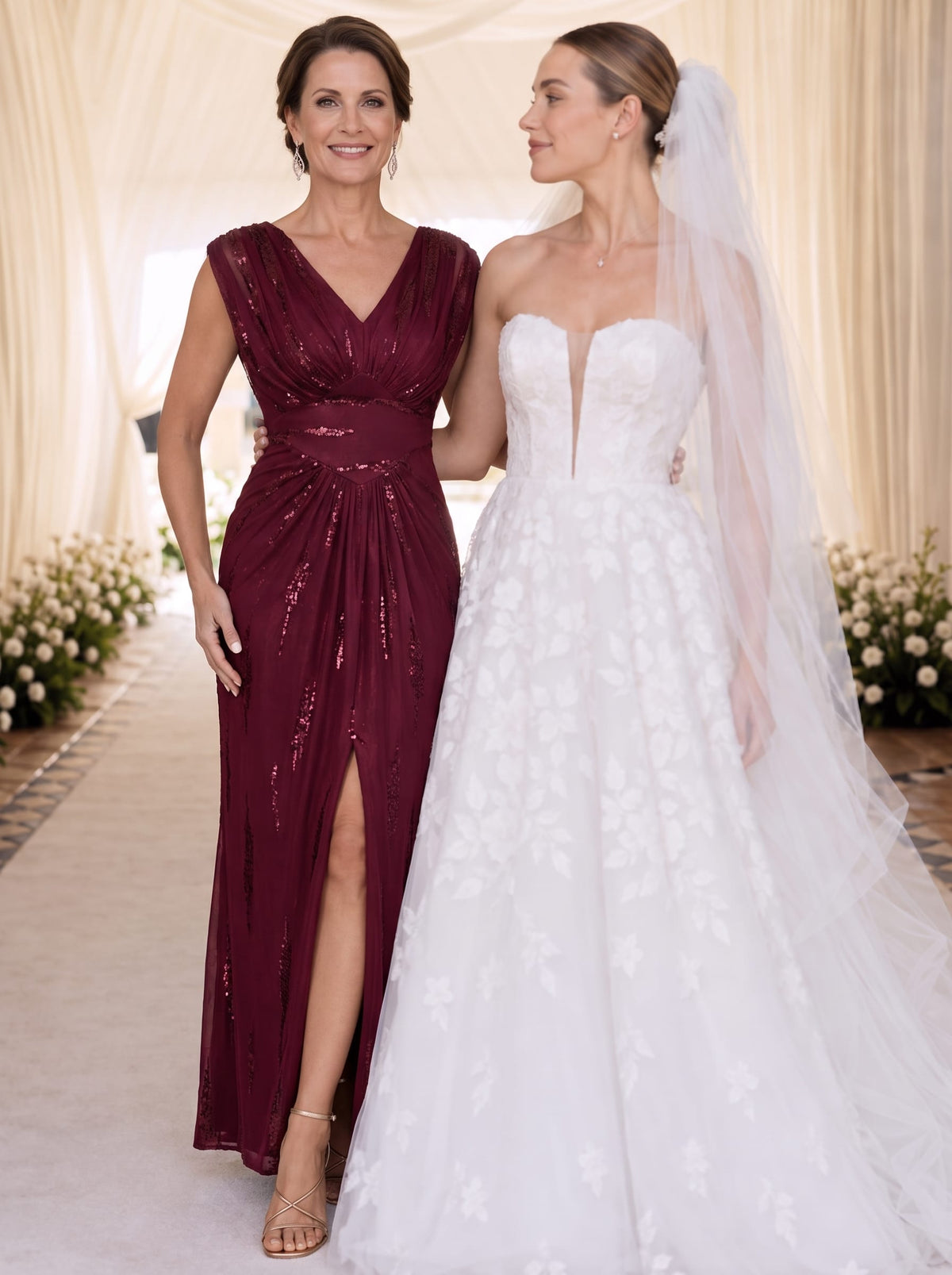 Sequin Tulle Batwing Sleeve Dress #color_Burgundy