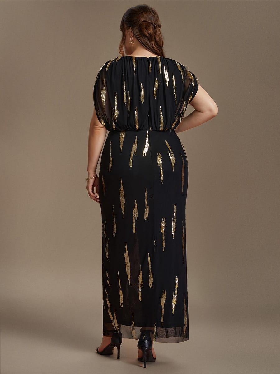 Sequin Tulle Batwing Sleeve Dress #color_Black & Gold