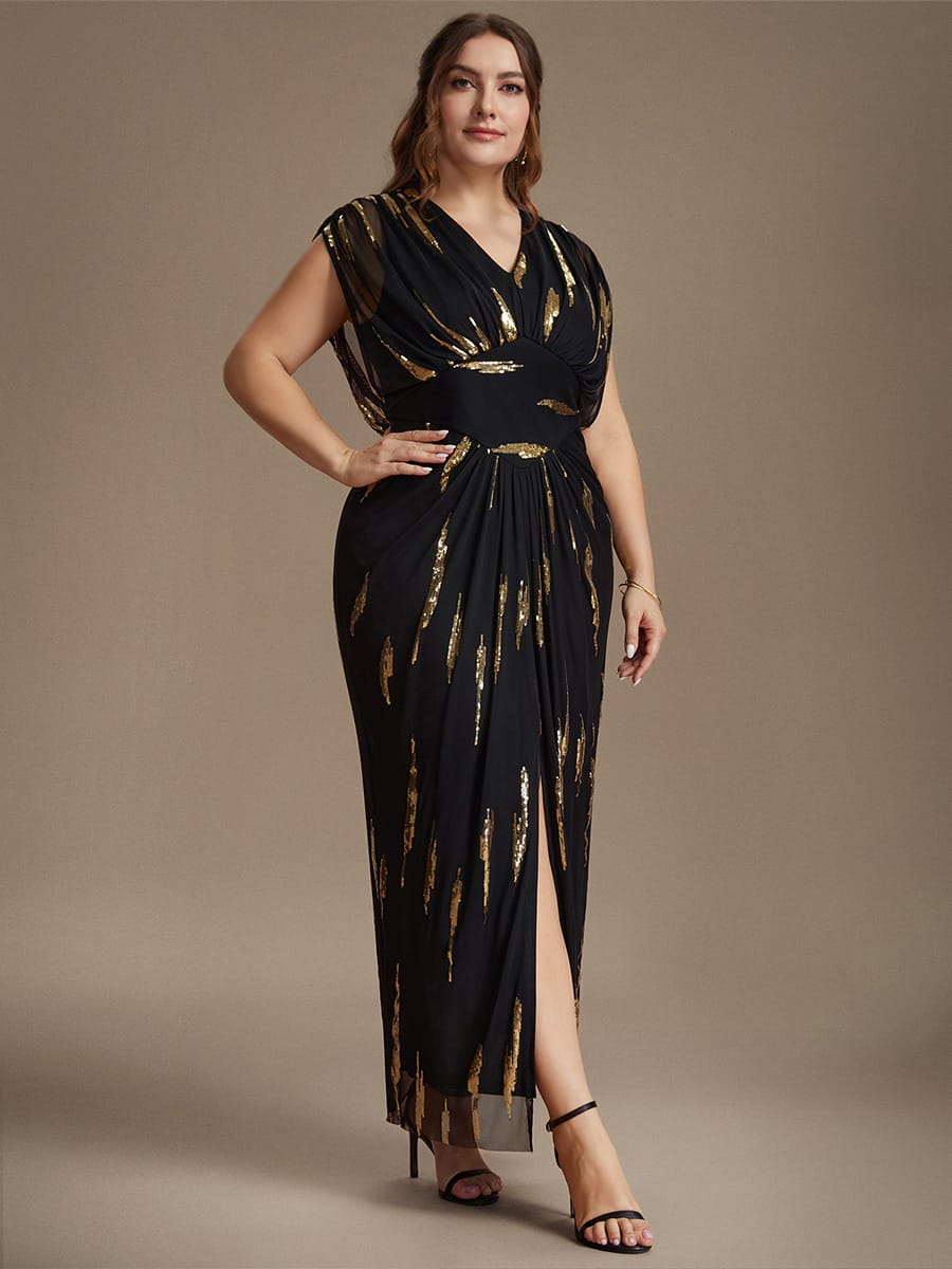 Sequin Tulle Batwing Sleeve Dress #color_Black & Gold