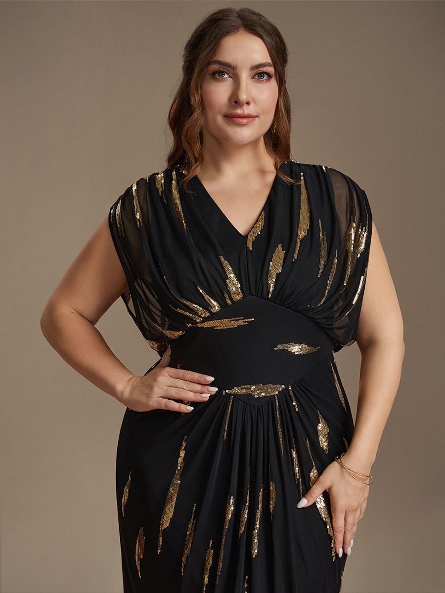 Sequin Tulle Batwing Sleeve Dress #color_Black & Gold
