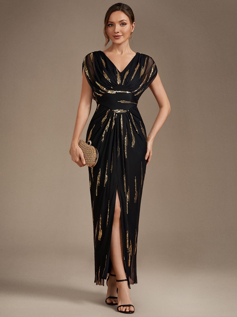 Sequin Tulle Batwing Sleeve Dress #color_Black & Gold
