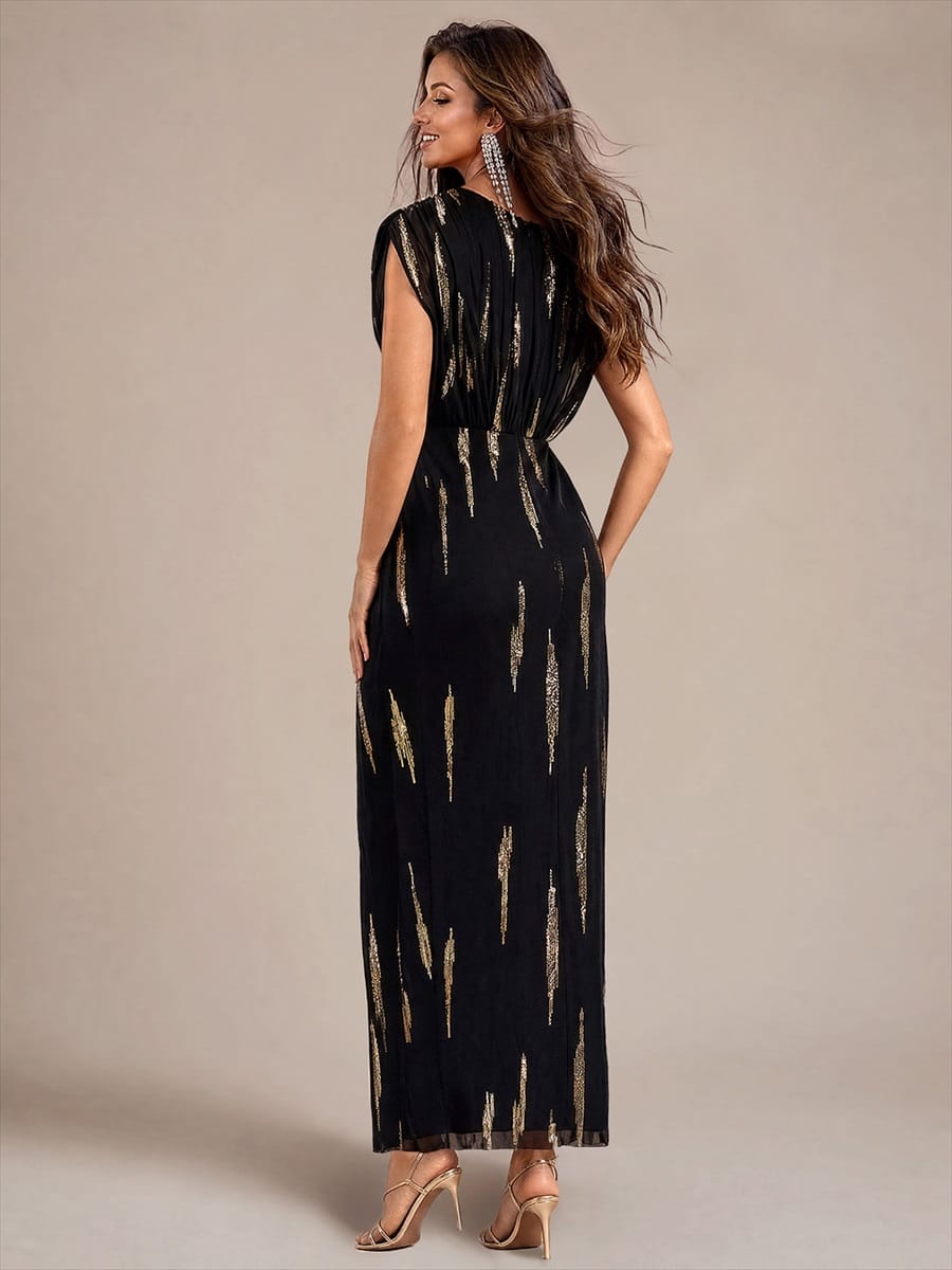 Sequin Tulle Batwing Sleeve Dress #color_Black/Metallic Gold