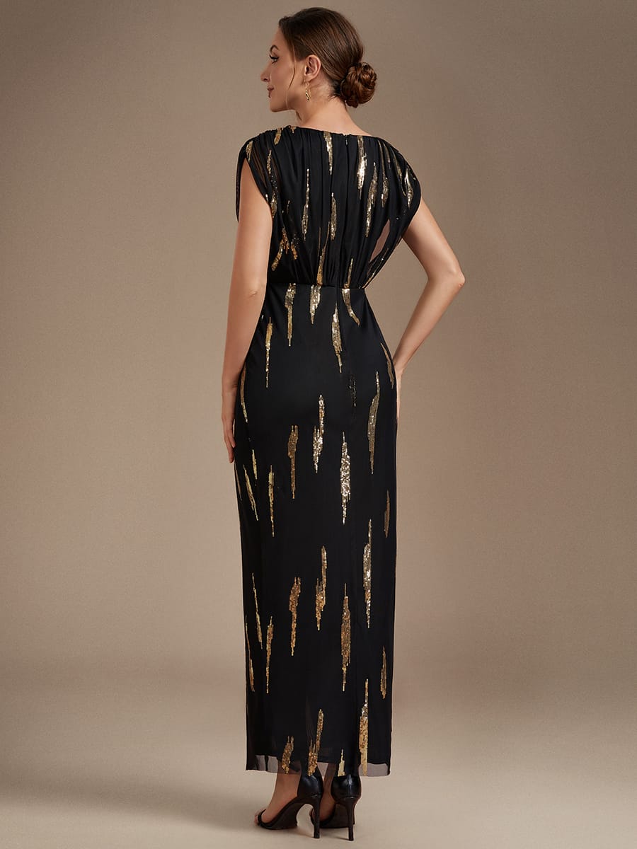 Sequin Tulle Batwing Sleeve Dress #color_Black & Gold