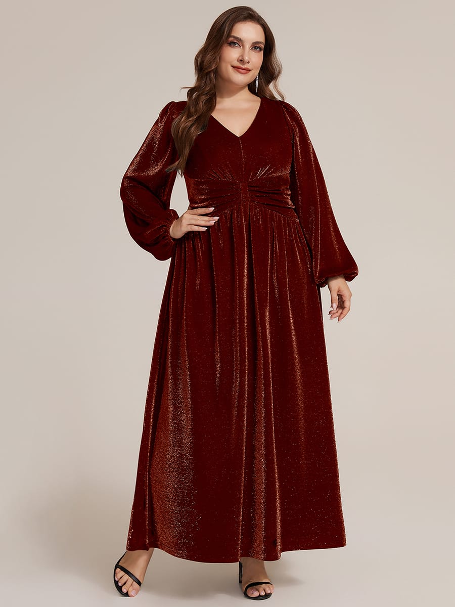 Lurex Mesh Puff Sleeve A-line Dress #color_Burgundy