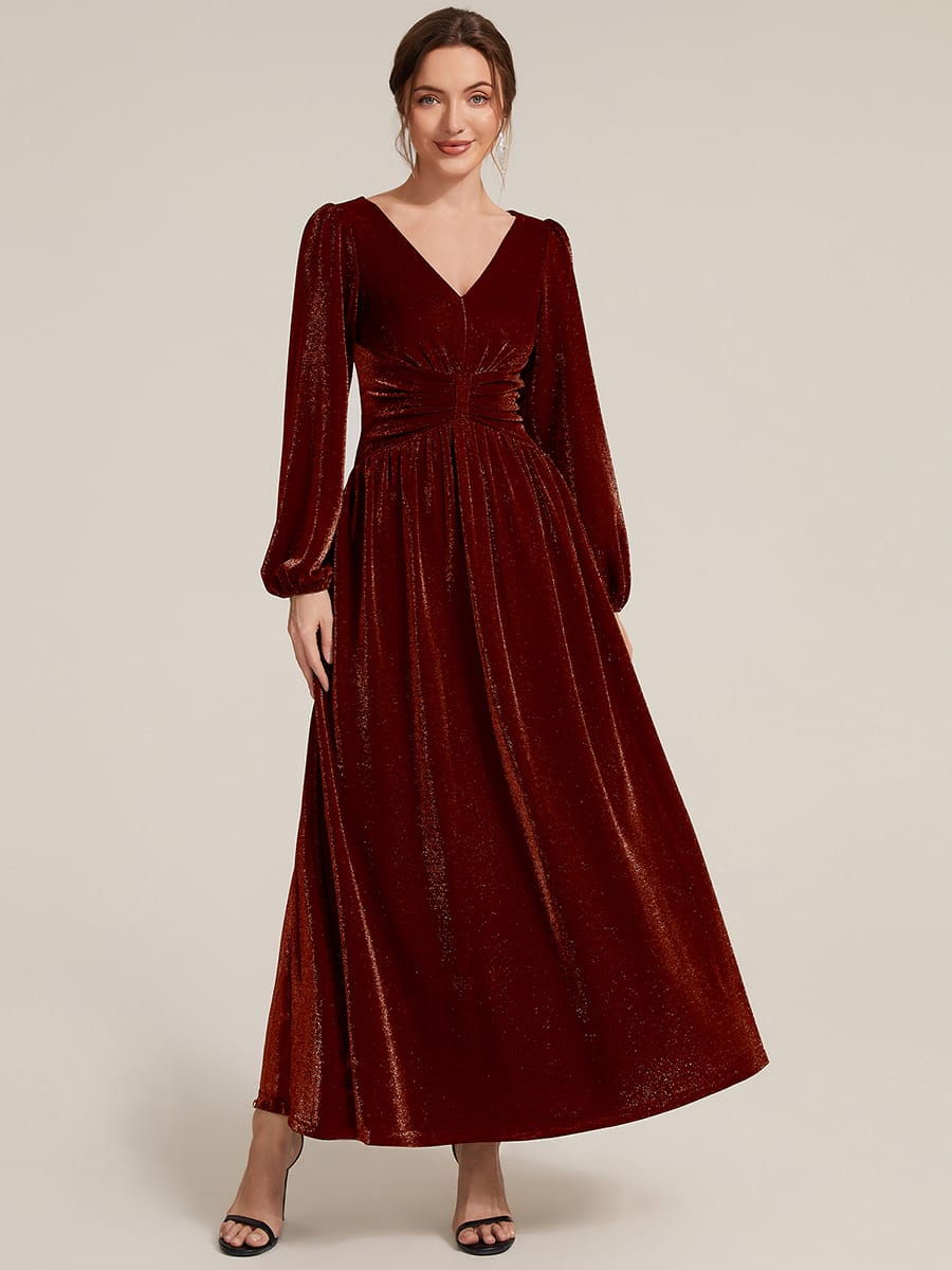Lurex Mesh Puff Sleeve A-line Dress #color_Burgundy