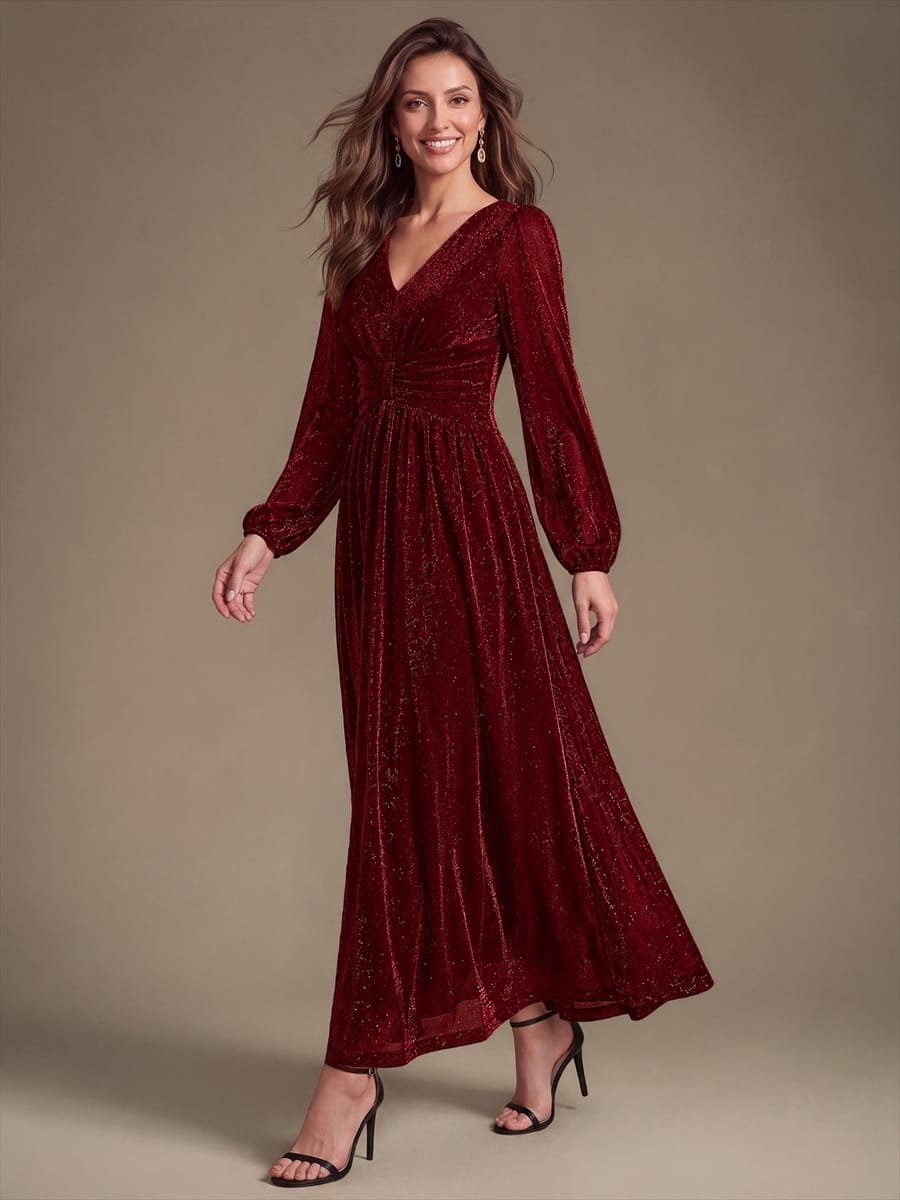Lurex Mesh Puff Sleeve A-line Dress #color_Burgundy