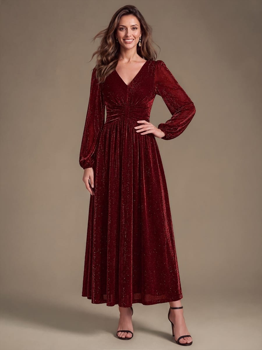 Lurex Mesh Puff Sleeve A-line Dress #color_Burgundy