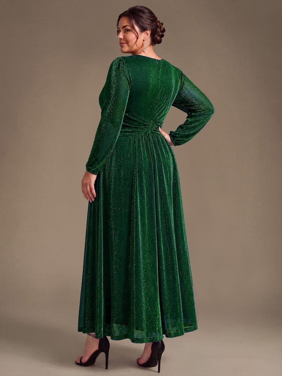 Lurex Mesh Puff Sleeve A-line Dress #color_Dark Green