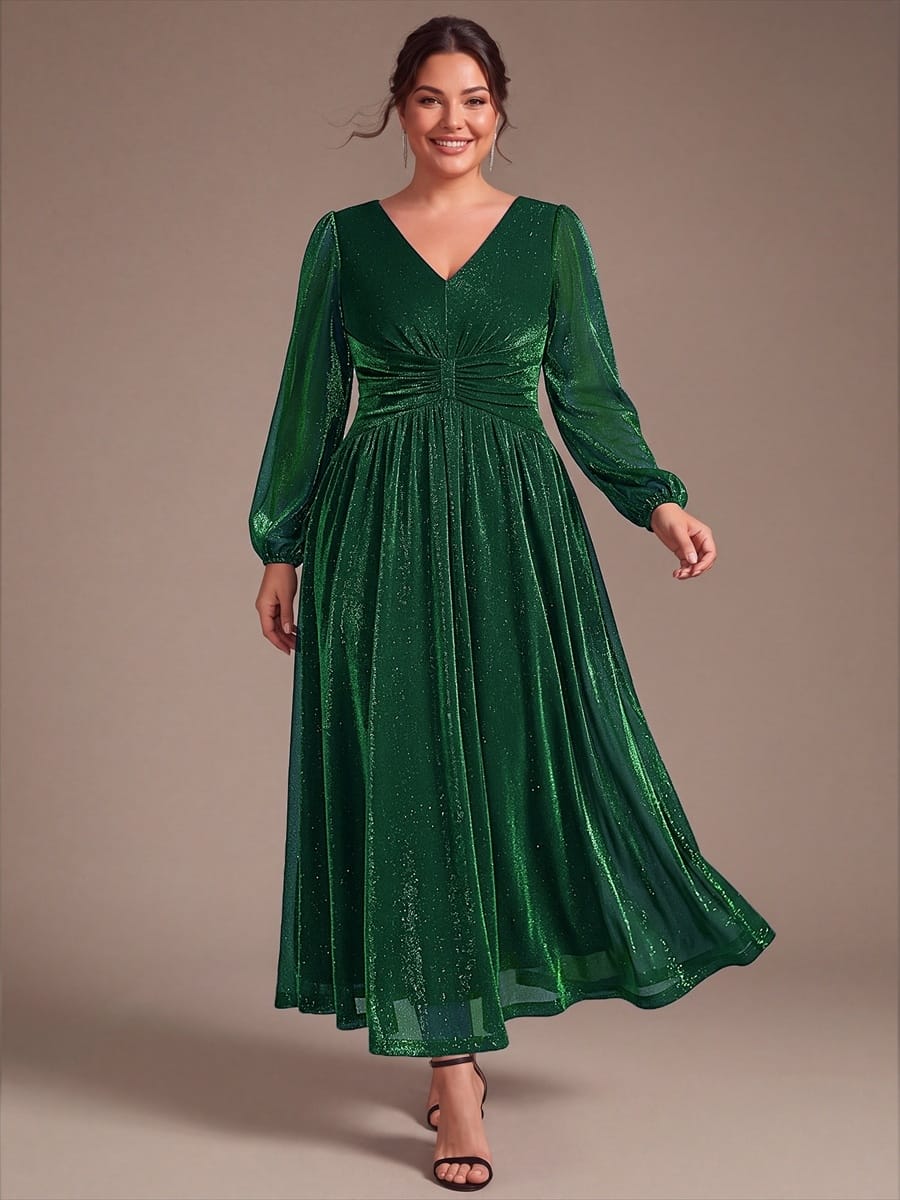 Lurex Mesh Puff Sleeve A-line Dress #color_Dark Green