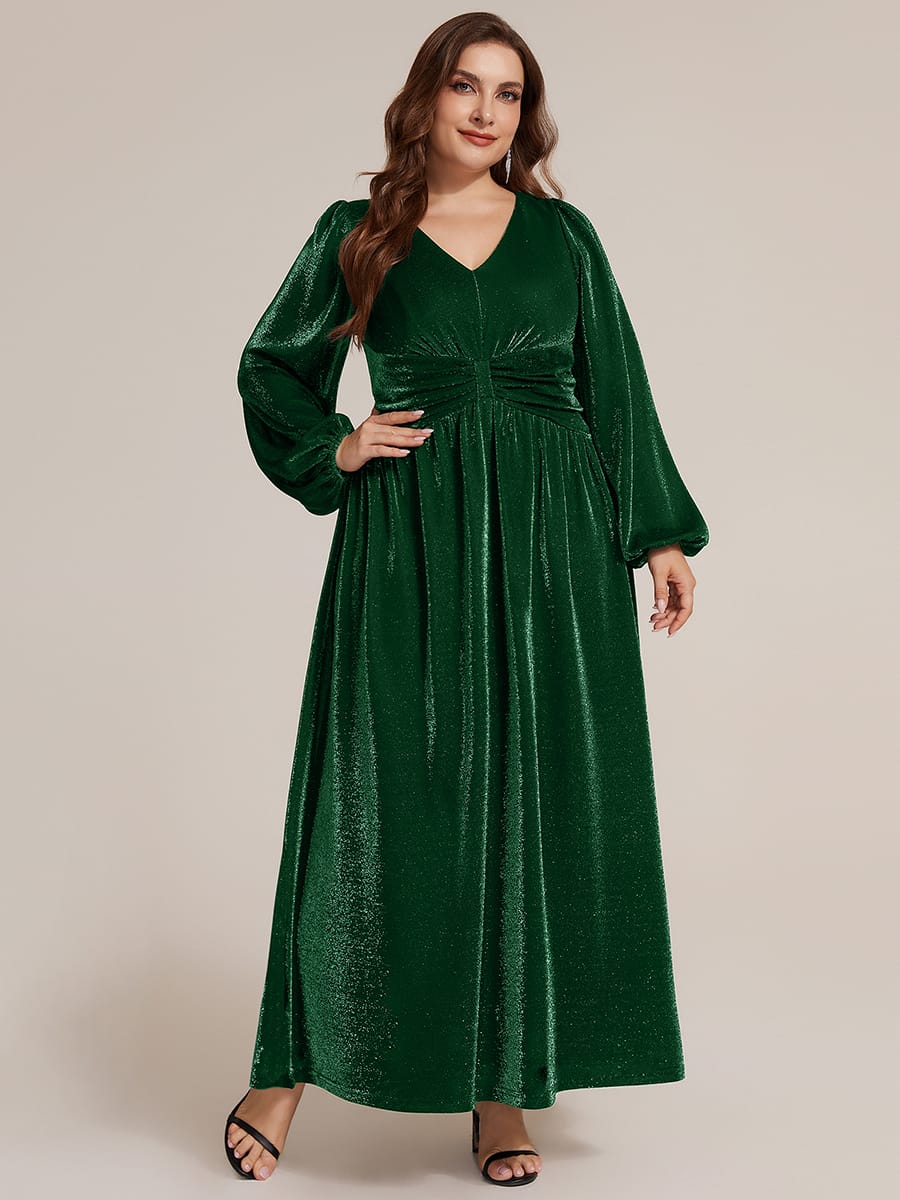 Lurex Mesh Puff Sleeve A-line Dress #color_Dark Green