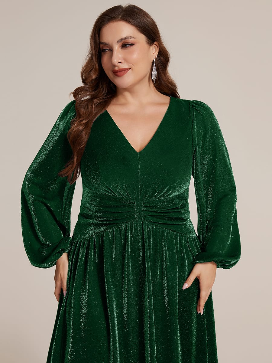 Lurex Mesh Puff Sleeve A-line Dress #color_Dark Green