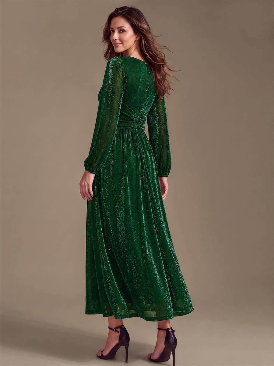 Lurex Mesh Puff Sleeve A-line Dress #color_Dark Green
